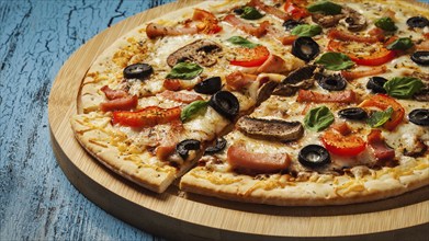 Panorama of ham pizza with (capsicum), mushrooms, olives and basil leaves on wooden board on blue