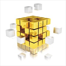 Teamwork concept, metal cubes assembling into gold one