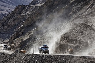 Indian lorry on national highway Srinagar-Leh NH-1 in Himalayas. Ladakh, India, Asia