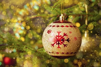 Christmas celebration holiday background, christmas-tree decoration bauble on decorated Christmas