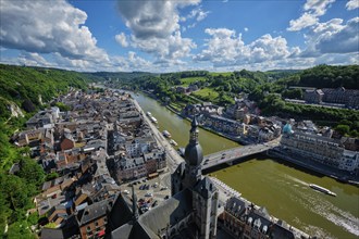 Aerial view of Dinant town, Collegiate Church of Notre Dame de Dinant, River Meuse and Pont Charles