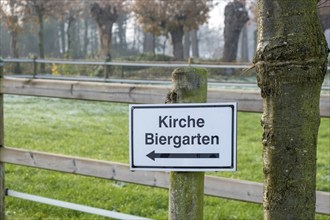 Sign with inscription church, beer garden, Münsterland, North Rhine-Westphalia, Germany, Europe