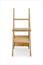 Foldable wooden chair transforming into stepladder on white background