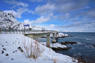 Djupfjordbrua Djupfjord Bridge over the fjord in winter. Moskenes, Nordland, Lofoten islands,