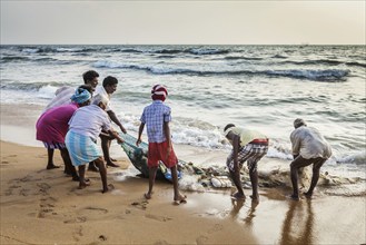 CHENNAI, INDIA, FEBRUARY 10, 2013: Indian fishermen dragging fishing net with their catch from sea