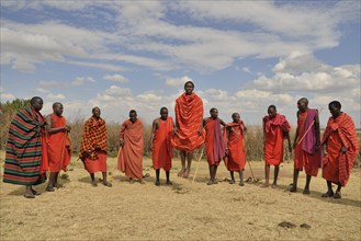 Maasai at a dance performance, Massai Mara, Enkutoto, Serengeti, Rift Valley province, Kenya,