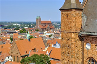 View from the viewing platform of the Georgenkirche over the Hanseatic city of Wismar,