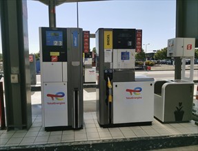 Petrol pump for diesel, truck diesel, at a motorway service station on the A31 in France, Aire de