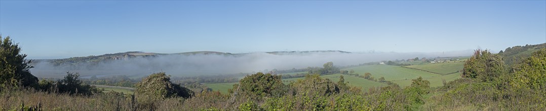 High fog over valley of River Adur, Shoreham by Sea, panoramic view, Photomerge, South Downs, West