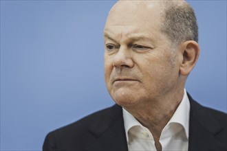 Olaf Scholz (SPD), Federal Chancellor, recorded at a federal press conference on current domestic