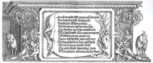 The triumphal arch for the emperor Maximilian, inscription tablet with the deer's skin, woodcut by