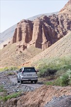 Toyota Landcruiser, off-road trip on unpaved road in a canyon, Chuy Province, Kyrgyzstan, Asia