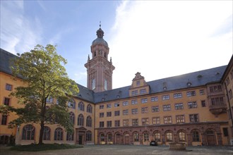 Inner courtyard with tower of the Neubaukirche, University Church, Renaissance, Old University,