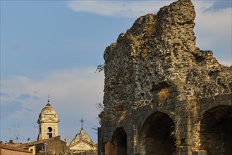 Church tower, part of an ancient wall, amphitheatre, old town, Catania, east coast, Sicily, Italy,