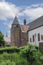 Romanesque bell tower, St Sebastian's Chapel, old town centre of Ladenburg, Baden-Württemberg, town