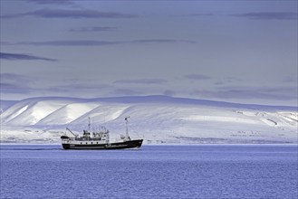 Snow covered mountains and boat with tourists during fjord-cruise in Billefjorden in autumn,