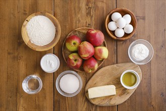 Top view of ingredients for apple pancakes on a table