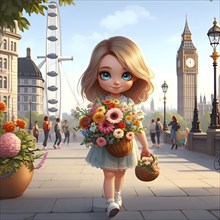 Cute anime girl on bicycle with flowers in the city of London. AI generated