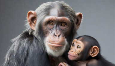 Animal portrait, A female chimpanzee in tender contact with a young animal, a baby chimpanzee, KI