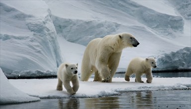 A polar bear with its two cubs walks through the snow in the polar region, AI generated