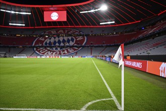 Overview interior Allianz Arena, empty, corner flag with logo FC Bayern Munich, scoreboard, Munich,