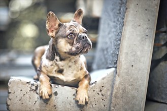 Merle colored French Bulldog dog with large yellow eyes lying down on concrete bench