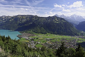 View of Lake Brienz from Harder Kulm, with Eiger, Mönch and Jungfrau in the background, Interlaken,