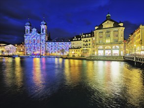 Jesuit Church, light installation at dusk, Old Town, Lilu, Light Festival 2023, Lucerne, Canton of