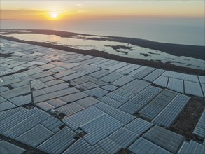 Masses of shimmering plastic greenhouses at the coast of El Ejido aside with the lagoon Salinas de