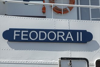 Name plate, detail, excursion ship Feodora II, Langballigau, Langballig, Schleswig-Holstein,