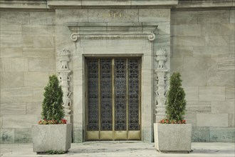 Door to Opel mausoleum with inscription, gravesite, Rüsselsheim, Hesse, Germany, Europe