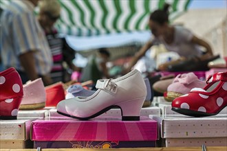 Flamenco shoes, typical market stall, weekly market market in Villaricos, Cuevas del Almanzora,