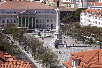 View of the old town, National Theatre and Rossio Square with monument to Dom Petro IV, Lisbon,