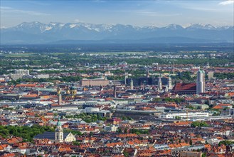 Aerial view of Munich center from Olympiaturm (Olympic Tower) . Munich, Bavaria, Germany, Europe