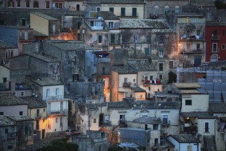 City of Ragusa, houses in the old town of Ragusa Superiore at blue hour, Sicily, Italy, Europe