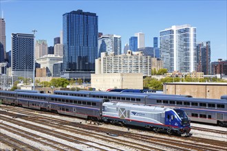 Skyline with Amtrak Midwest train railway at Union Station in Chicago, USA, North America