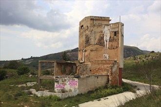 Gibellina Vecchia, house, ruin from the 1968 earthquake, painted with graffiti, Sicily, Italy,