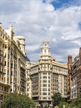 Architecture and buildings over Plaza del Ayuntamiento, Valencia, Spain, Europe