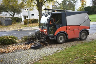 Sweeper sweeping wilted leaves in autumn, Vellmar, Hesse, Germany, Europe