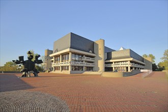 University Library with sculpture Sun Sign by Max Walter, 1977, Red Square, University, Hubland,