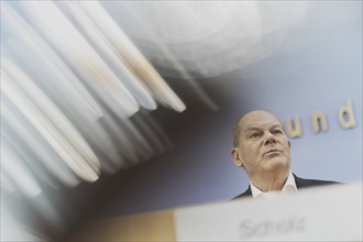 Olaf Scholz (SPD), Federal Chancellor, recorded at a federal press conference on current domestic