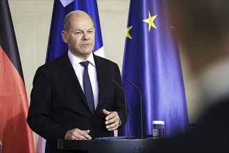 Olaf Scholz, Federal Chancellor, photographed at a press conference after the joint talks with