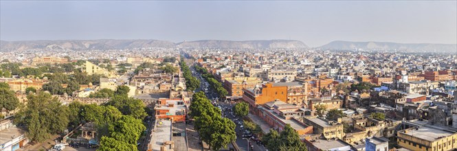 Panorama of aerial view of Jaipur (Pink city), Hawa Mahal (Palace of Winds" or â??Palace of the