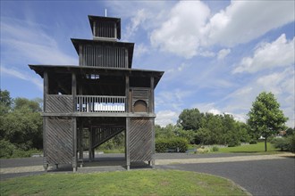 Gate tower with wooden construction in the castle park, Regionalpark, RheinMain, Gustavsburg,