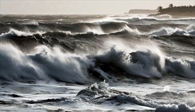 Storm surge, hurricane-like storm, stormy weather with high waves at sea, AI generated