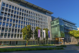 State Labour Court (left) and Stuttgart Stock Exchange (right), flags, street, trees, Stuttgart,