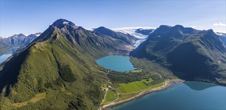 Glacier tongue of the Svartisen glacier with glacial lake and fjord, Helgeland coast, Nordland,