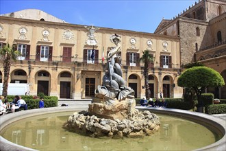 City of Monreale, the fountain in Piazza V. Emanuele, Sicily, Italy, Europe