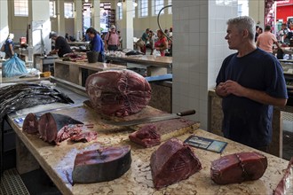 Tuna sale, fish hall, fish market, market hall Mercado dos Lavradores, Funchal, Madeira Island,