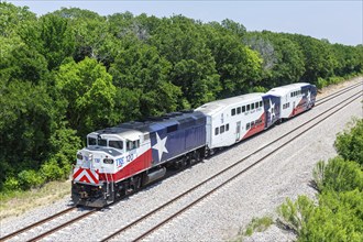 Trinity Railway Express TRE train regional railway local railway transport in Dallas, USA, North